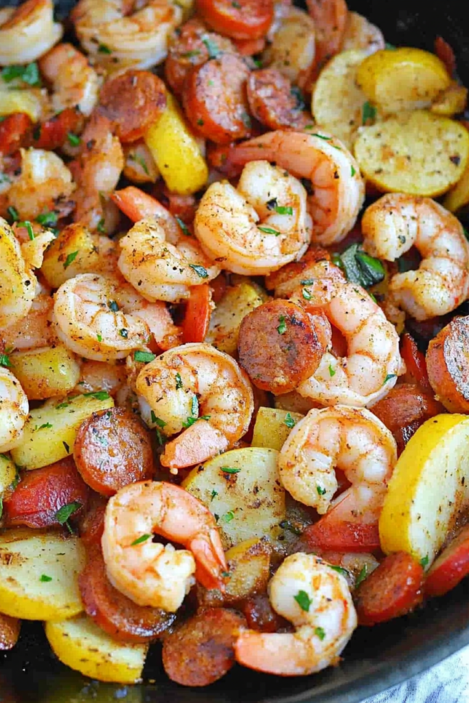 Final plated dish showing seasoned shrimp and sausage nestled among roasted potato slices.