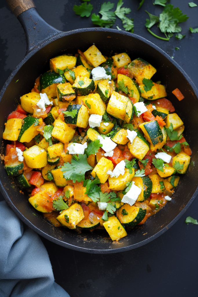 Colorful mix of sautรฉed zucchini, squash, tomatoes, and corn served warm with melted cheese.