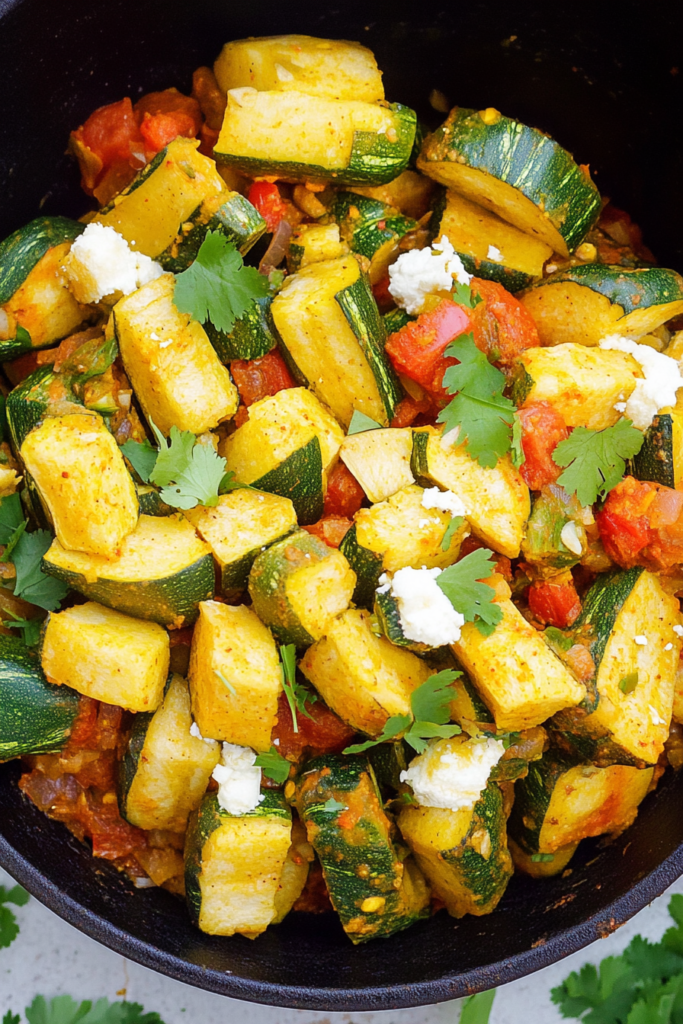 Freshly cooked squash and zucchini medley topped with herbs and creamy cheese cubes.