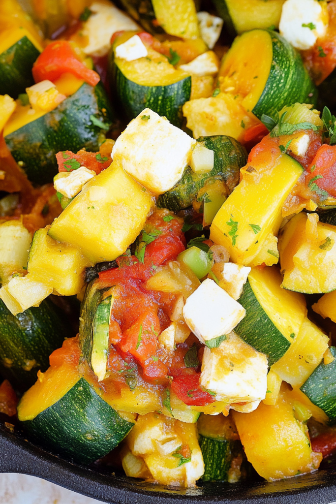 Hearty vegetable dish with golden squash, juicy tomatoes, and bright green zucchini pieces.