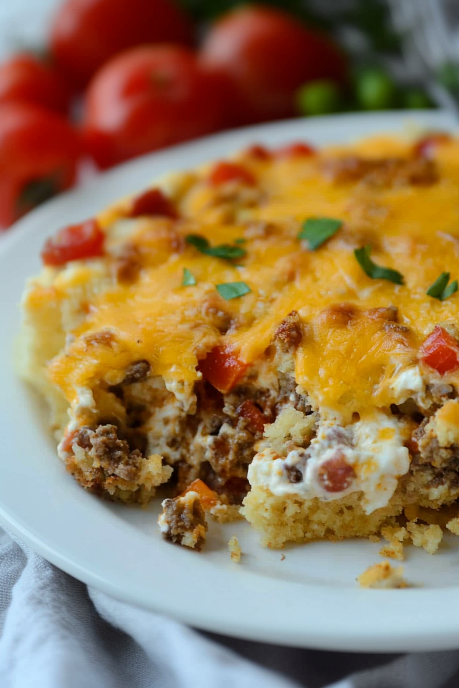 Final plated dish showcasing its rich layers of meat, peppers, and crumbly baked base.