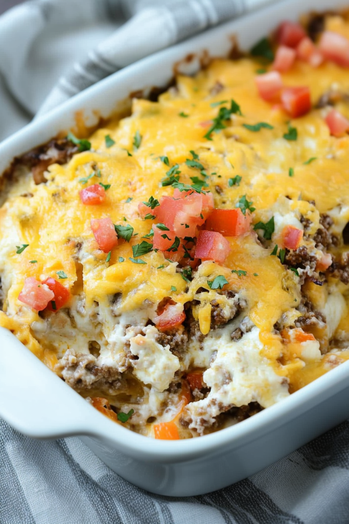 Comfort food casserole with a golden top, melted cheddar, and scattered fresh garnish.