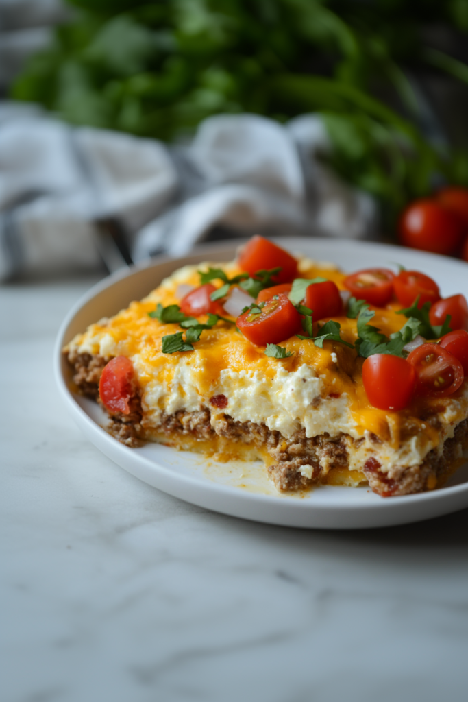 Hearty casserole highlighting browned edges, melted cheese, and colorful vegetables for a rustic finish.