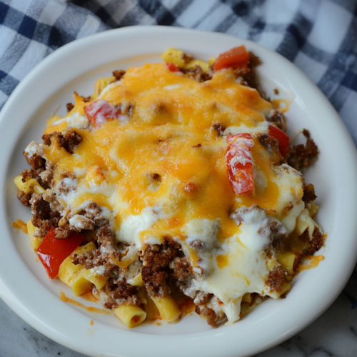Savory baked casserole with ground beef, peppers, and melted cheddar served on a white plate.