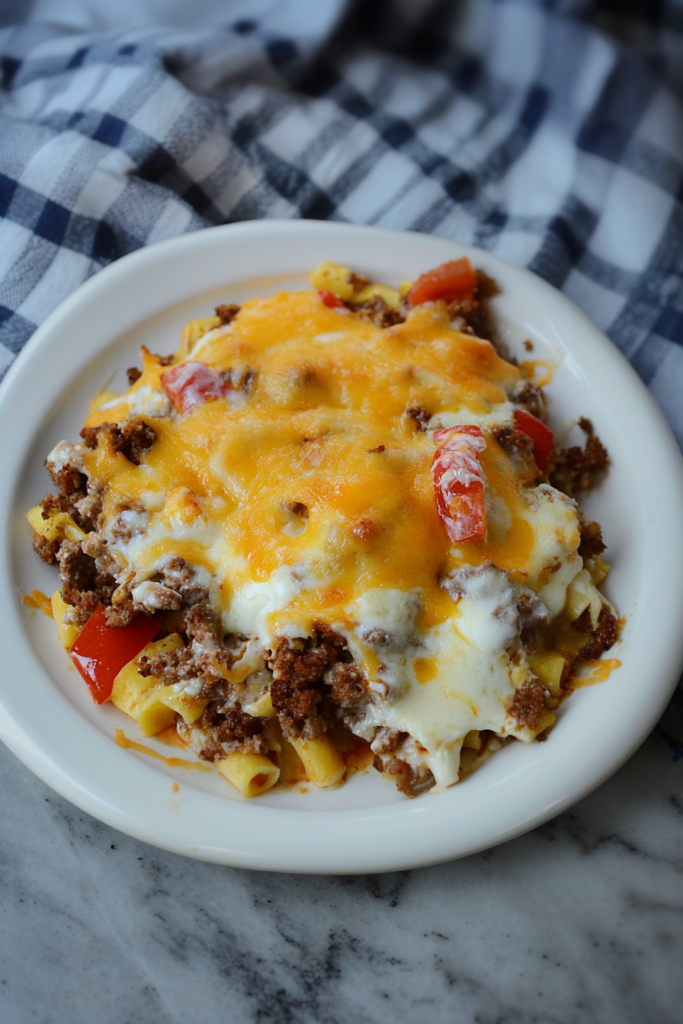 Savory baked casserole with ground beef, peppers, and melted cheddar served on a white plate.