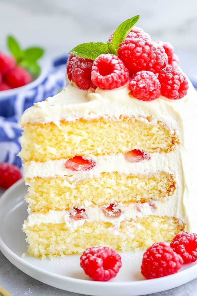 Slice of layered vanilla sponge with cream frosting and fresh raspberries on top
