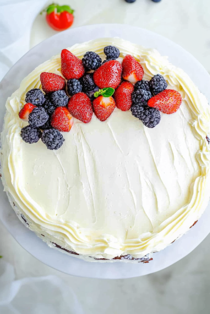 Round cake with smooth white frosting, topped with strawberries, blackberries, and a mint garnish