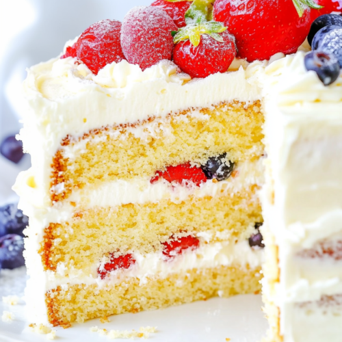 Chantilly Cake slice dusted with powdered sugar, garnished with mint and berries