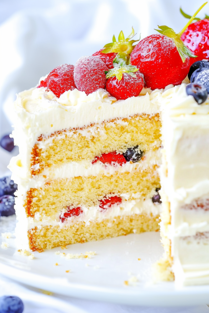Chantilly Cake slice dusted with powdered sugar, garnished with mint and berries