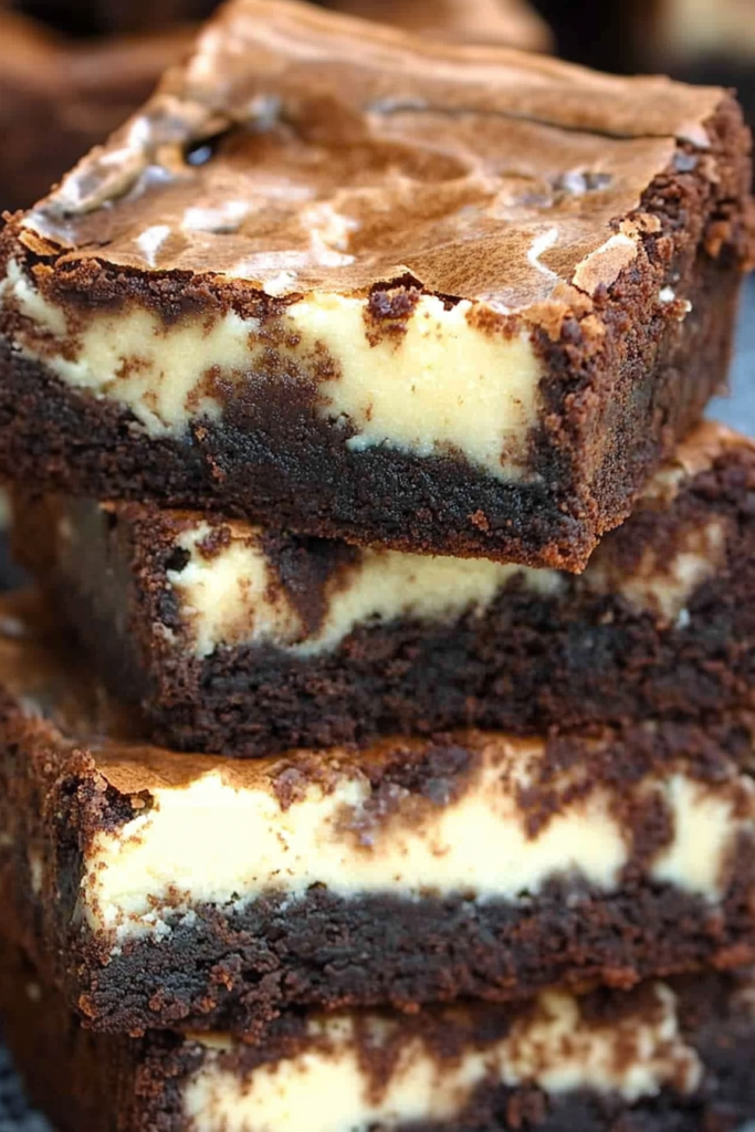 Dessert bars styled to showcase glossy brownie top and soft cheesecake layer.