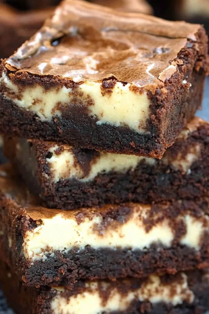 Dessert bars styled to showcase glossy brownie top and soft cheesecake layer.