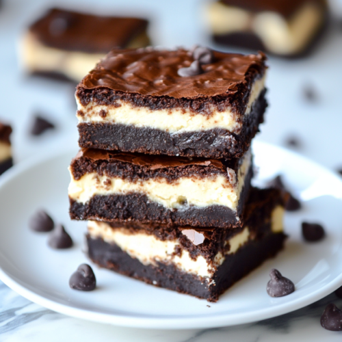 Stacked dessert bars showing fudgy chocolate layers with creamy cheesecake center.