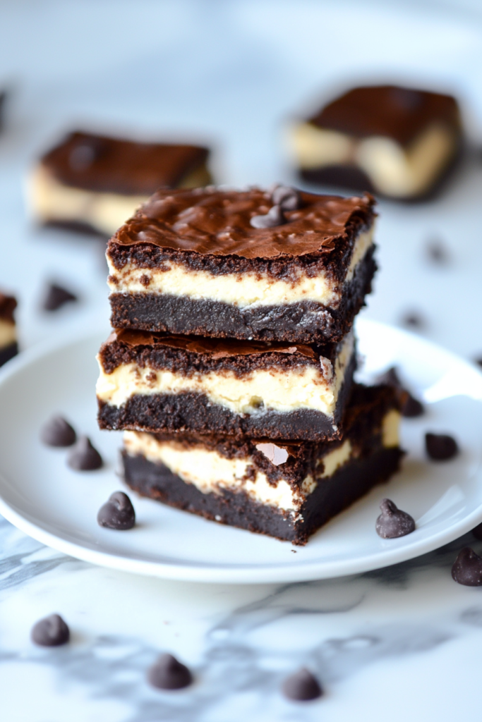 Stacked dessert bars showing fudgy chocolate layers with creamy cheesecake center.