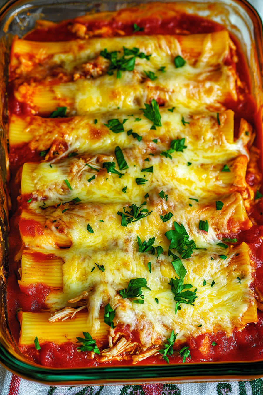 Baked pasta shells in a glass dish, topped with golden melted cheese and fresh parsley.