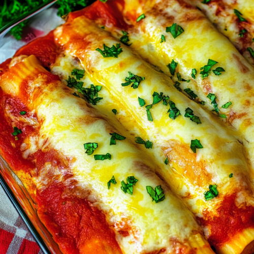 Stuffed manicotti tubes covered in tomato sauce, bubbling with cheese straight from the oven.