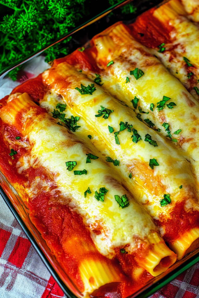 Stuffed manicotti tubes covered in tomato sauce, bubbling with cheese straight from the oven.