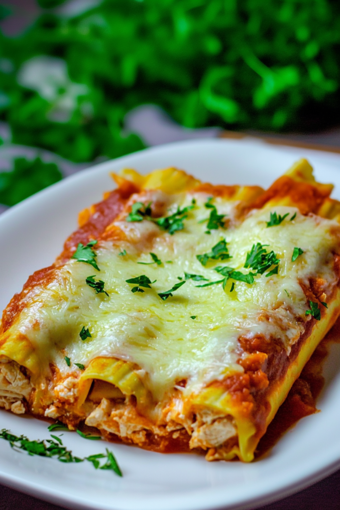 Comfort food presentation of stuffed pasta rolls with rich sauce and melted cheese.