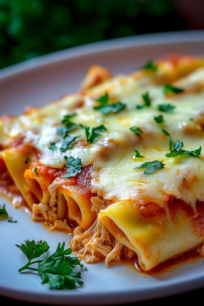 Close-up of cheesy baked pasta rolls filled with savory chicken mixture.