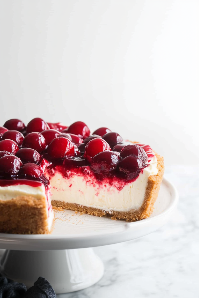 Smooth cheesecake slice with a crumbly base and juicy cherry topping
