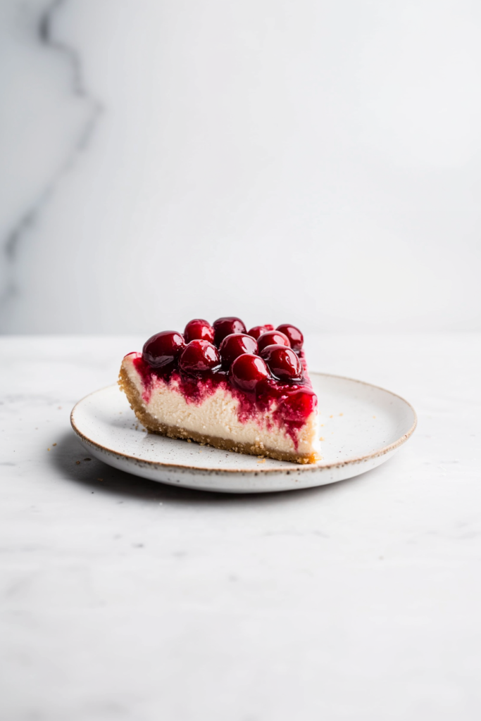 Creamy dessert slice with a buttery crust and vibrant cherry topping on a white plate