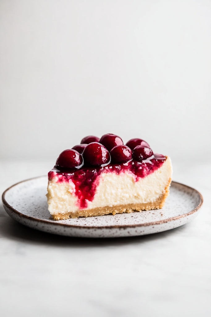 Slice of creamy cheesecake topped with glossy cherry sauce on a golden cookie crust