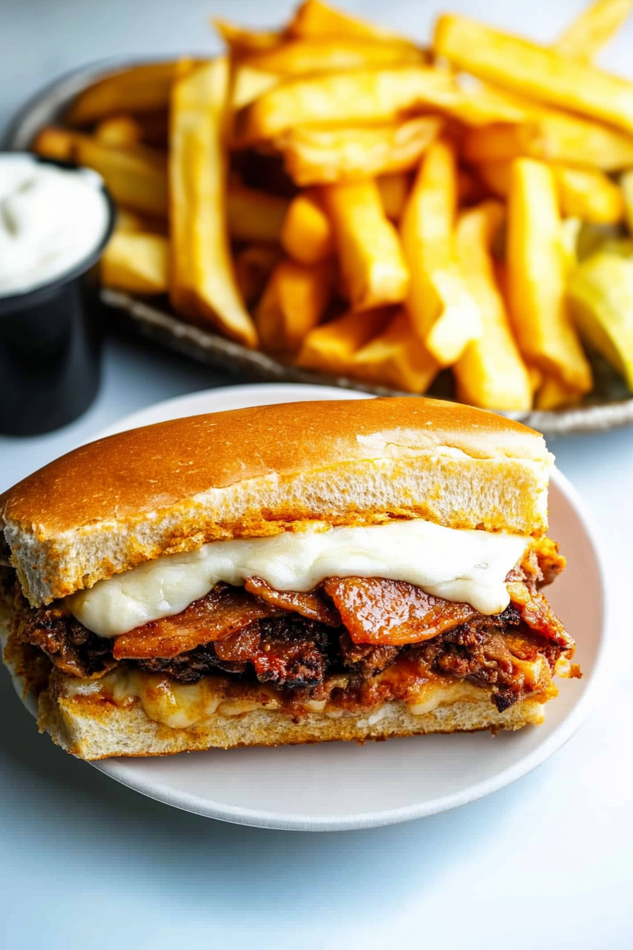 Juicy breaded steak stacked in a sandwich bun, photographed with fries and ranch dip