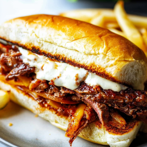 Crispy breaded beef layered in a sandwich roll, paired with fries and creamy dressing