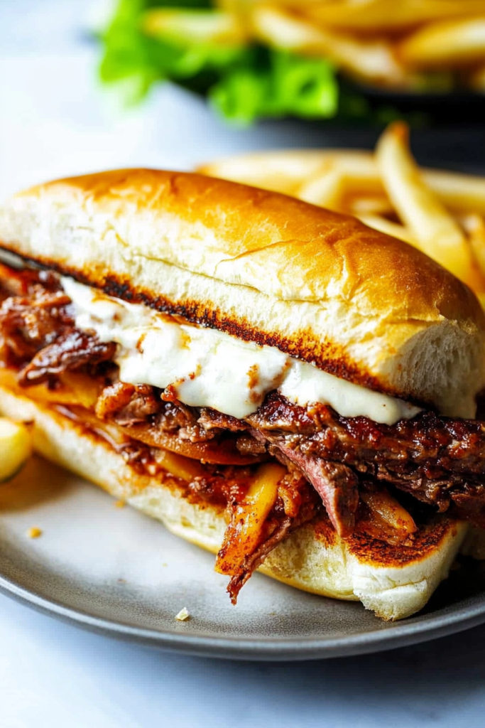 Crispy breaded beef layered in a sandwich roll, paired with fries and creamy dressing