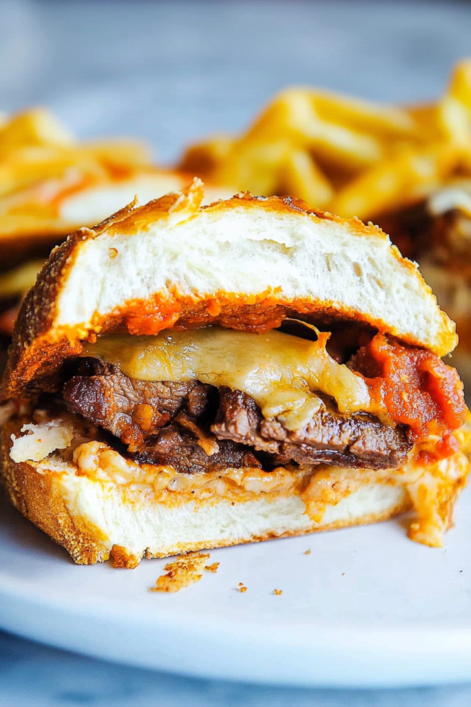 Final plated shot of a steak sandwich with gooey cheese and golden fries