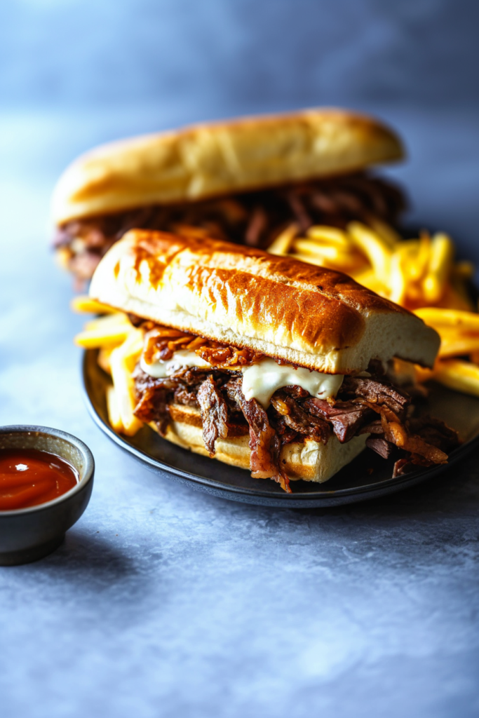 Hearty steak sandwich served on a toasted bun with thick-cut fries and dipping sauce