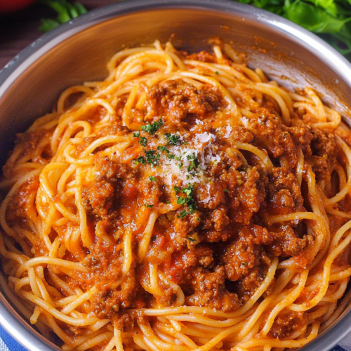 Bowl of spaghetti topped with rich tomato meat sauce, sprinkled with cheese and herbs