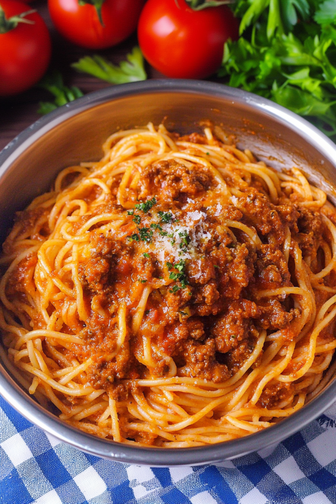 Bowl of spaghetti topped with rich tomato meat sauce, sprinkled with cheese and herbs