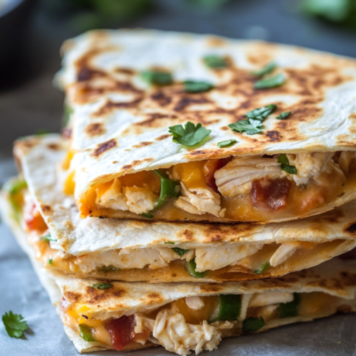 Cheesy chicken-filled quesadilla cut into triangles and served fresh