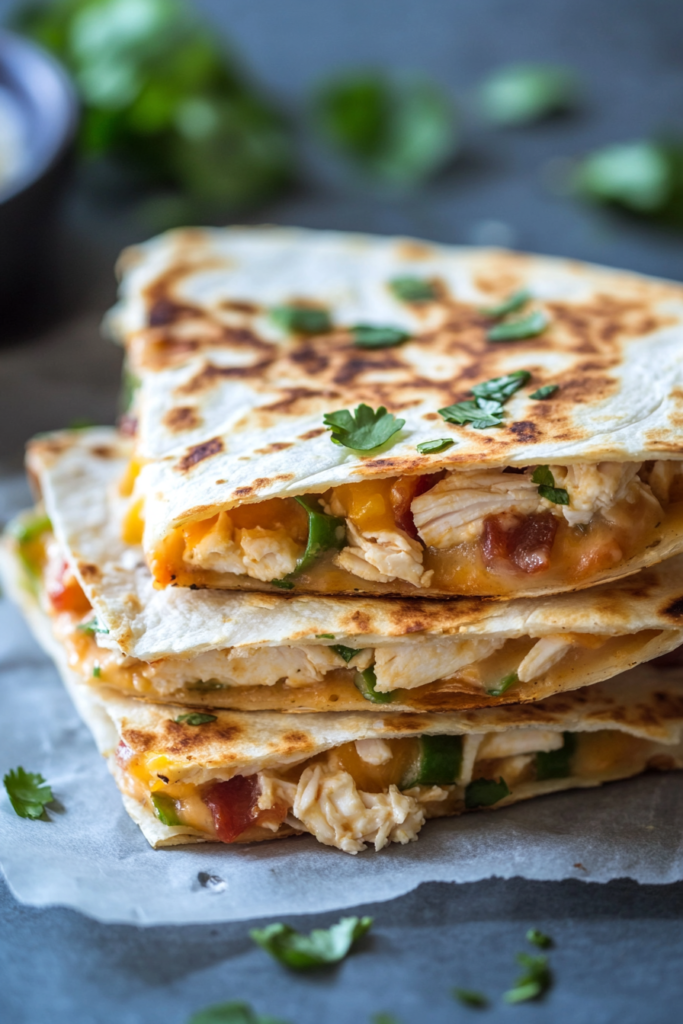Cheesy chicken-filled quesadilla cut into triangles and served fresh