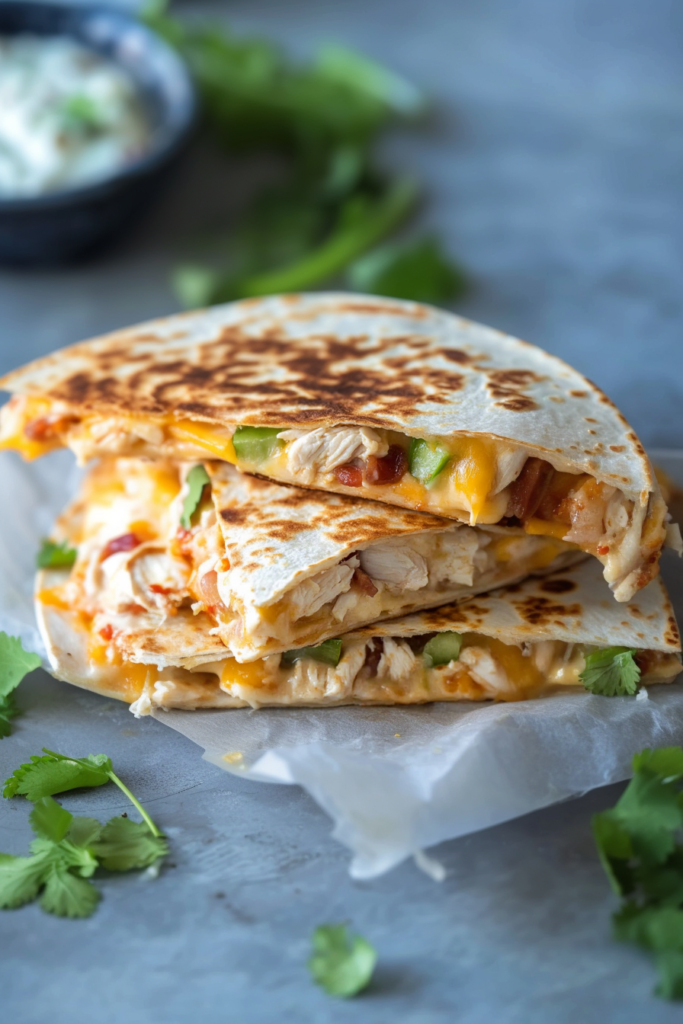 Stacked quesadilla slices with juicy chicken, crispy bacon, and herbs on top
