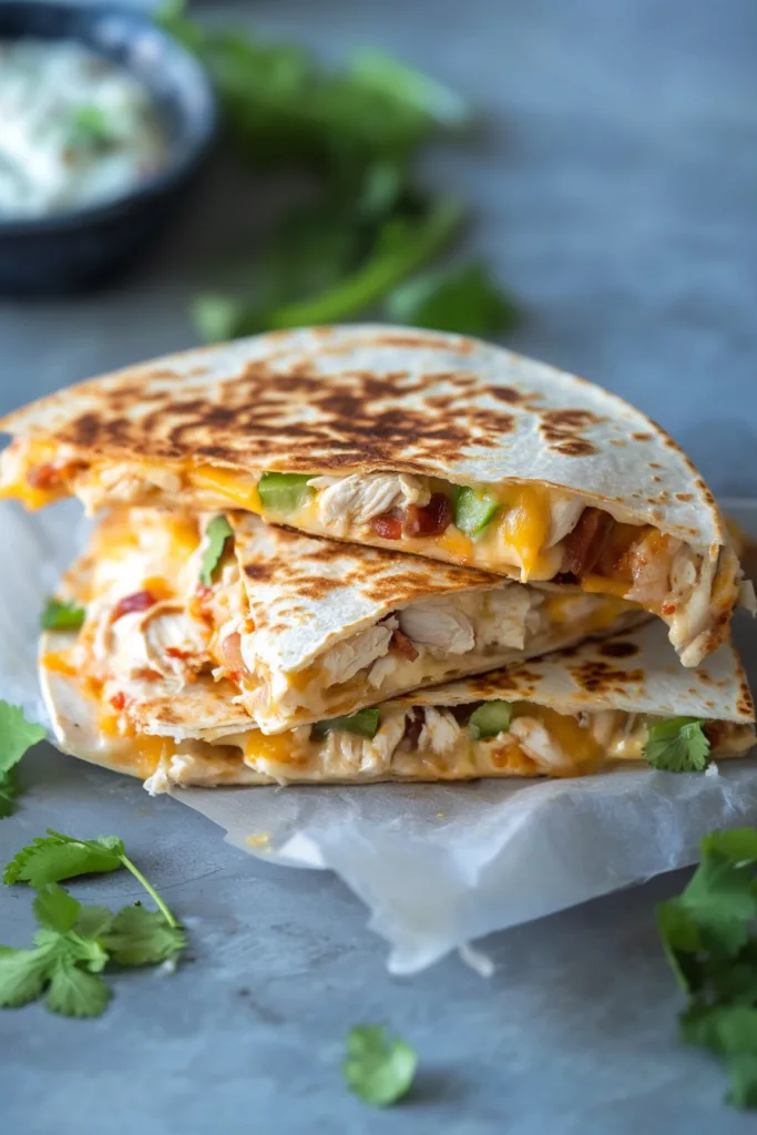 Stacked quesadilla slices with juicy chicken, crispy bacon, and herbs on top
