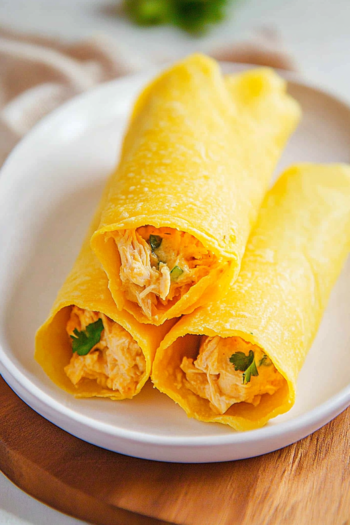 Three golden corn tortillas filled with creamy chicken, garnished with fresh cilantro on a white plate.