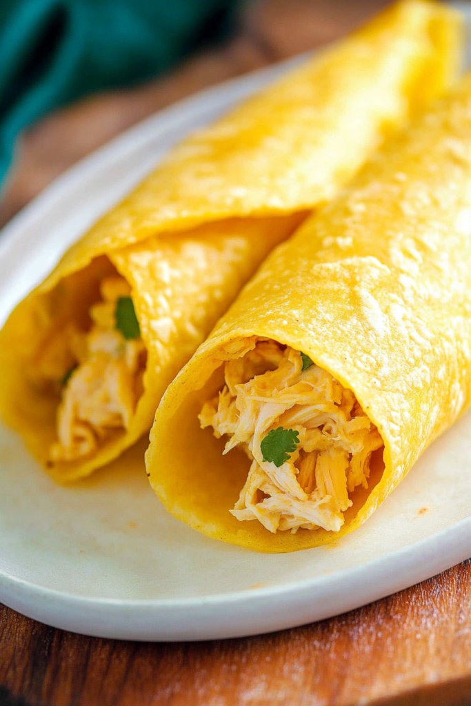 Plated chicken tacos with a smooth, cheesy interior and vibrant herb topping.