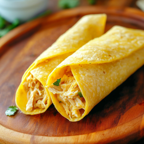 Warm corn tortillas stuffed with creamy chicken mixture, arranged neatly on a rustic wooden surface.