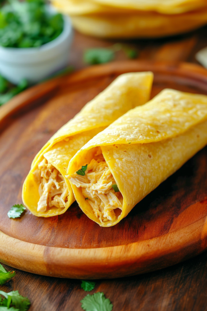 Warm corn tortillas stuffed with creamy chicken mixture, arranged neatly on a rustic wooden surface.
