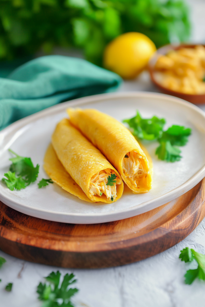 Final dish presentation of chicken-filled tacos, highlighting the golden tortilla color and fresh garnish.