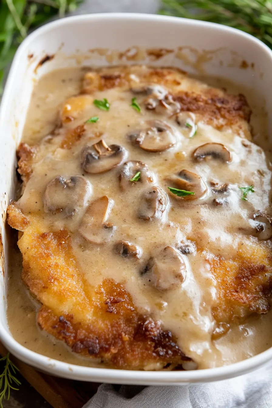 Close-up of crispy breaded cutlet smothered in rich mushroom sauce with fresh thyme garnish.