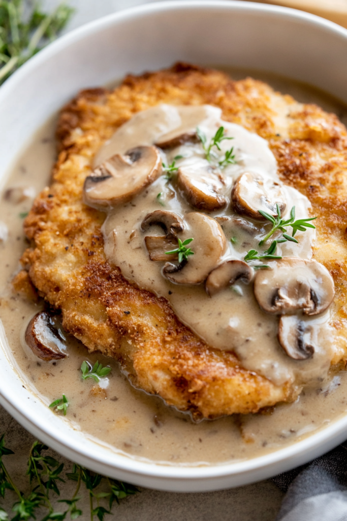 Plated Southern-style dish featuring crunchy steak crust and velvety mushroom topping.