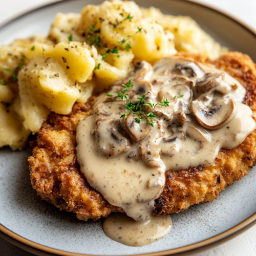 Comfort food presentation: fried steak resting in a pool of savory mushroom cream gravy.