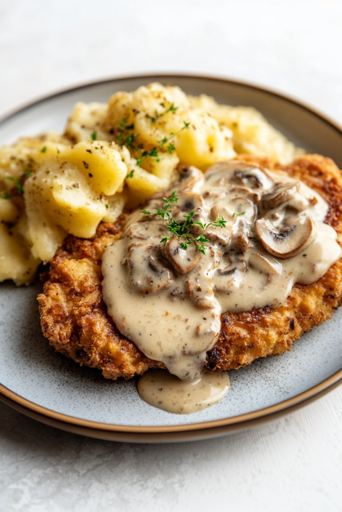 Comfort food presentation: fried steak resting in a pool of savory mushroom cream gravy.