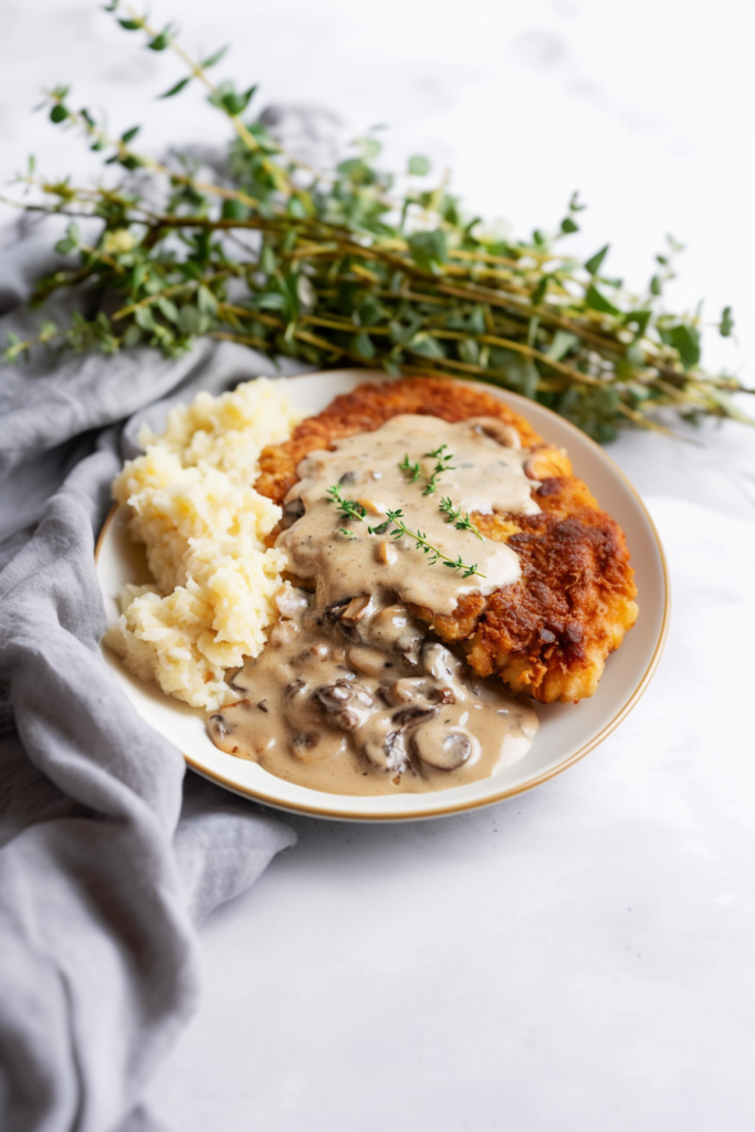 Golden fried steak topped with creamy mushroom gravy, served hot on a white plate.