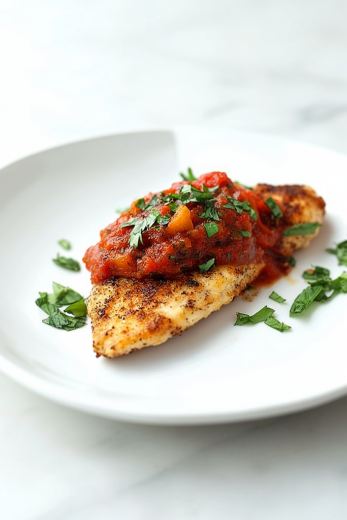Juicy chicken fillet with a rustic tomato-pepper topping and parsley garnish.