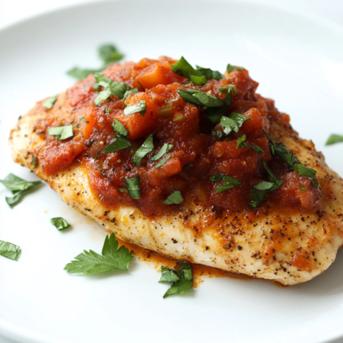 Elegant plated dish featuring seasoned chicken and a bright Mediterranean-style sauce.