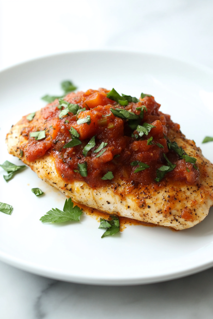 Elegant plated dish featuring seasoned chicken and a bright Mediterranean-style sauce.