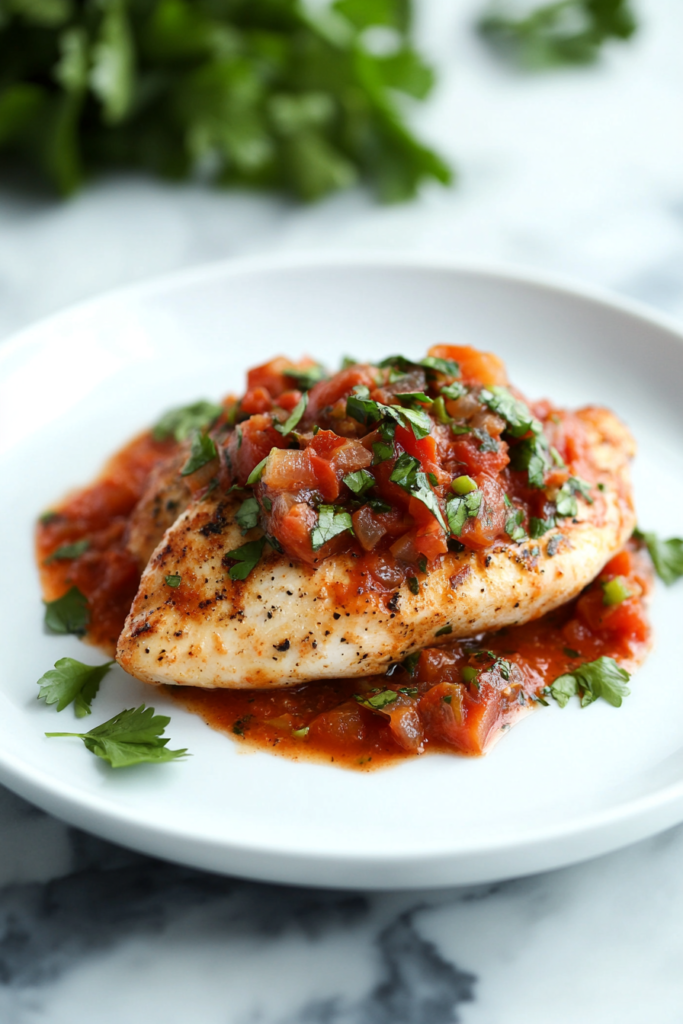 Crisp cutlet on a white plate, garnished with fresh herbs and vibrant sauce.